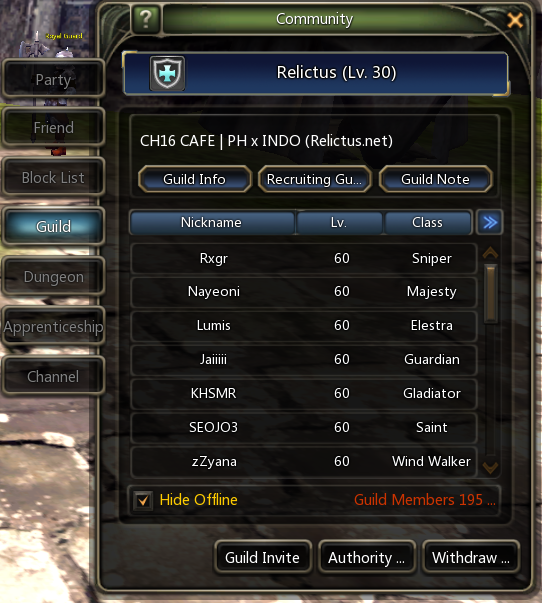 Relictus in-game guild information panel with member list