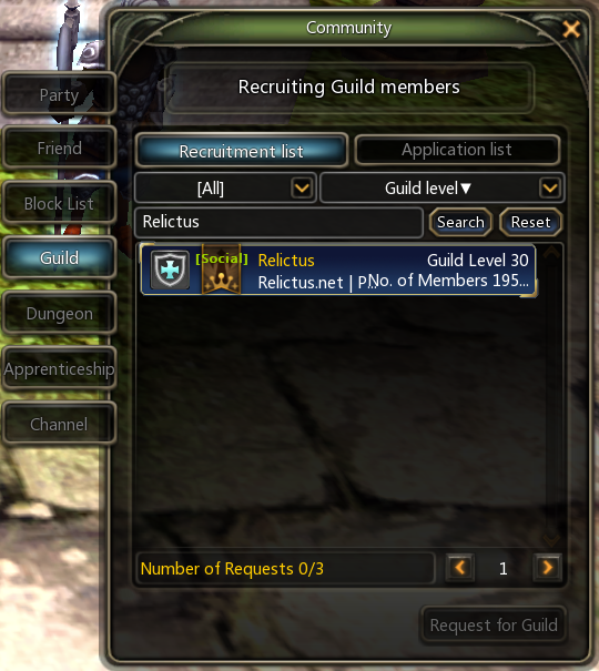 Relictus guild shown in the in-game recruitment list